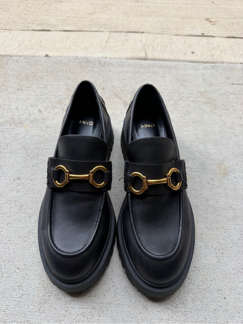 Mango Black Leather Loafers with Gold Bit Detail
